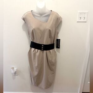 Signature by Robbie Bee Khaki Belted Cap Sleeve Dress with POCKETS size 10 NWT